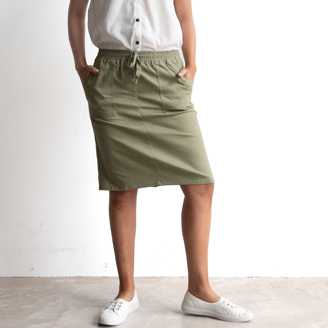 Stretch Denim Drawstring Skirt by Cafe Latte in Classic Colours