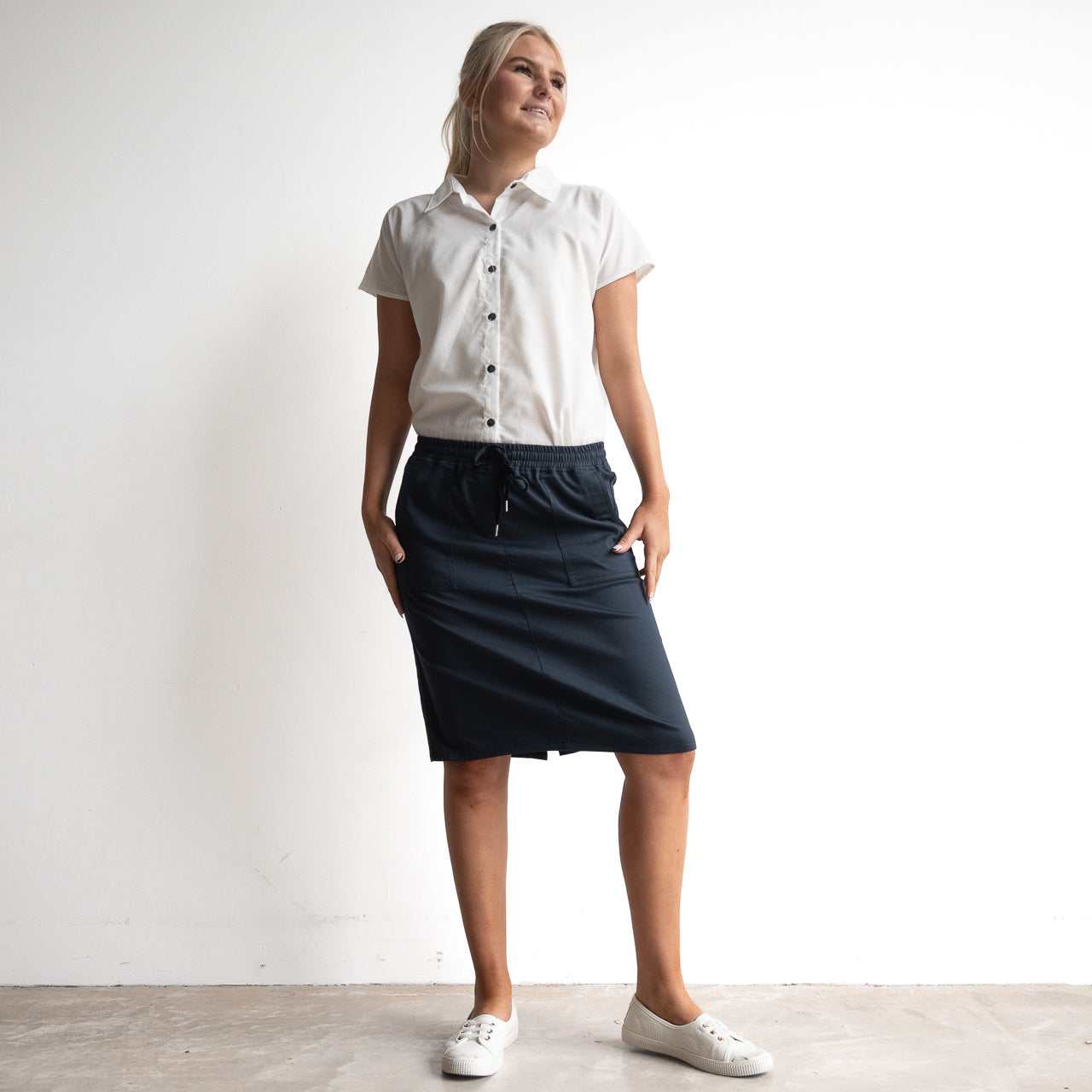 Stretch Denim Drawstring Skirt by Cafe Latte in Classic Colours