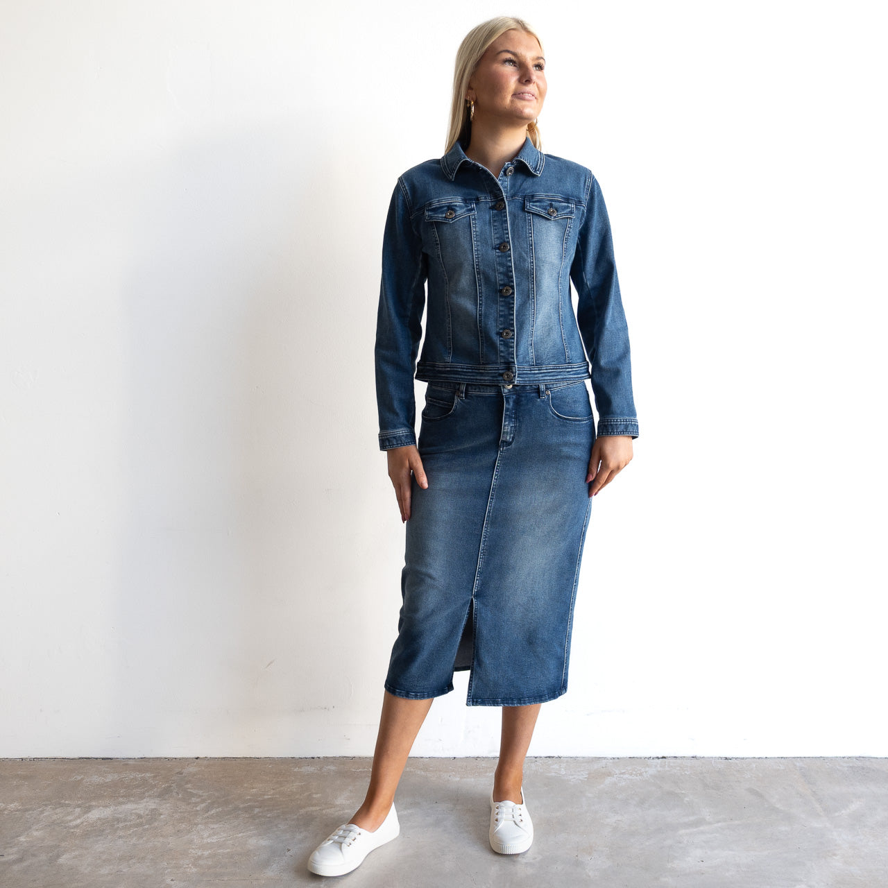 Stretch Denim Midi Skirt by Cafe Latte