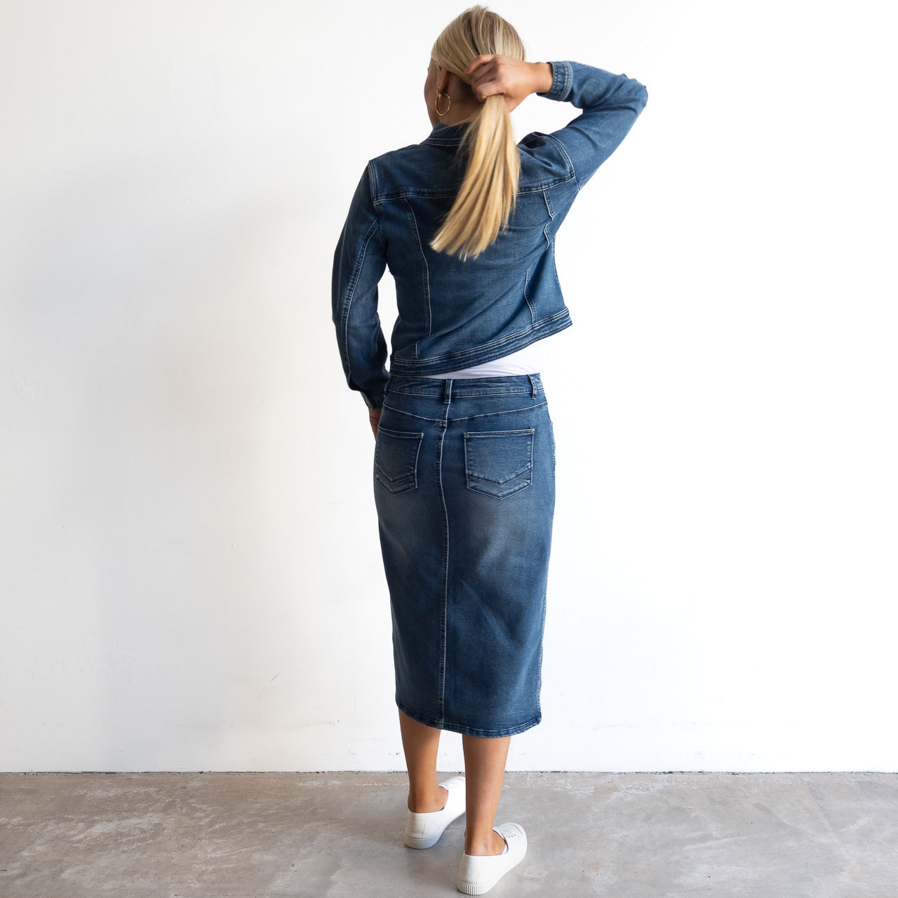 Stretch Denim Midi Skirt by Cafe Latte