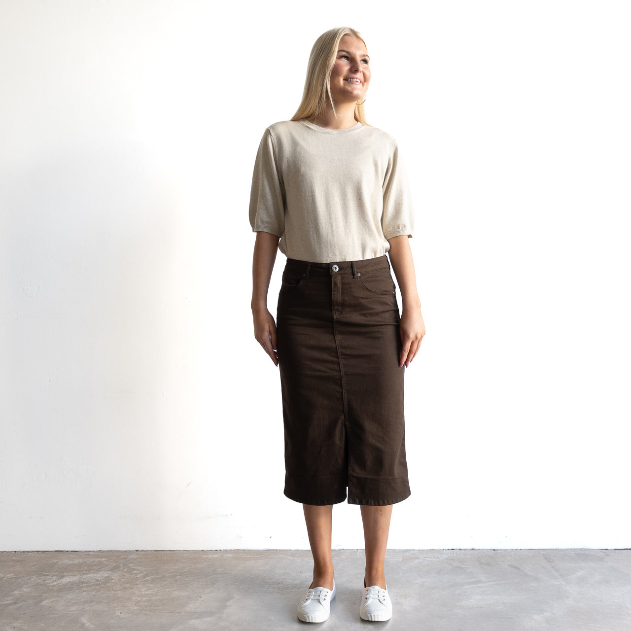 Stretch Denim Midi Skirt by Cafe Latte in Classic Colours
