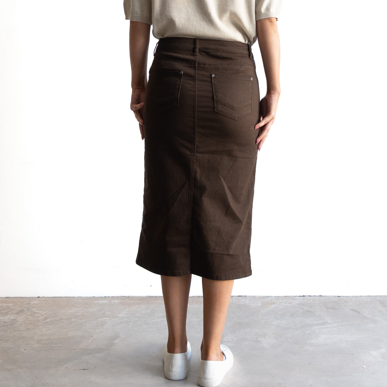 Stretch Denim Midi Skirt by Cafe Latte in Classic Colours