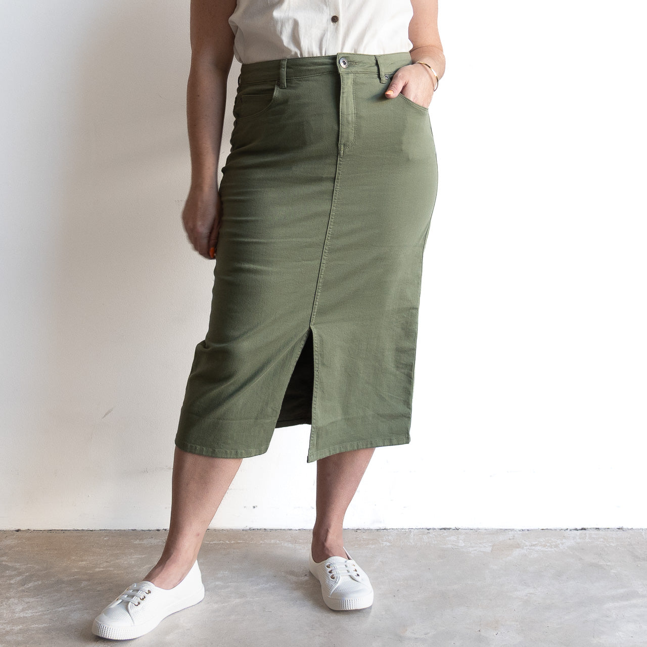 Stretch Denim Midi Skirt by Cafe Latte in Classic Colours