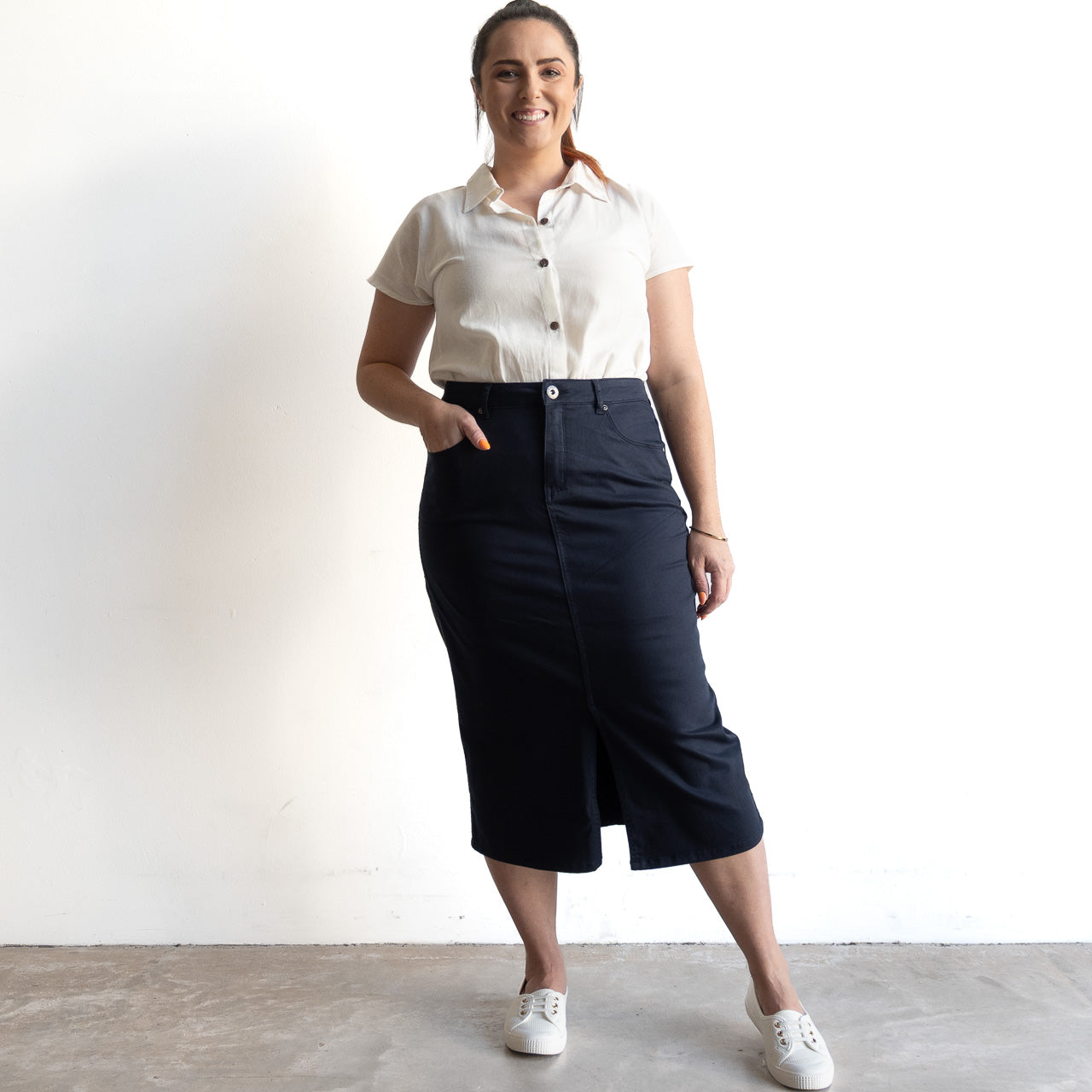 Stretch Denim Midi Skirt by Cafe Latte in Classic Colours