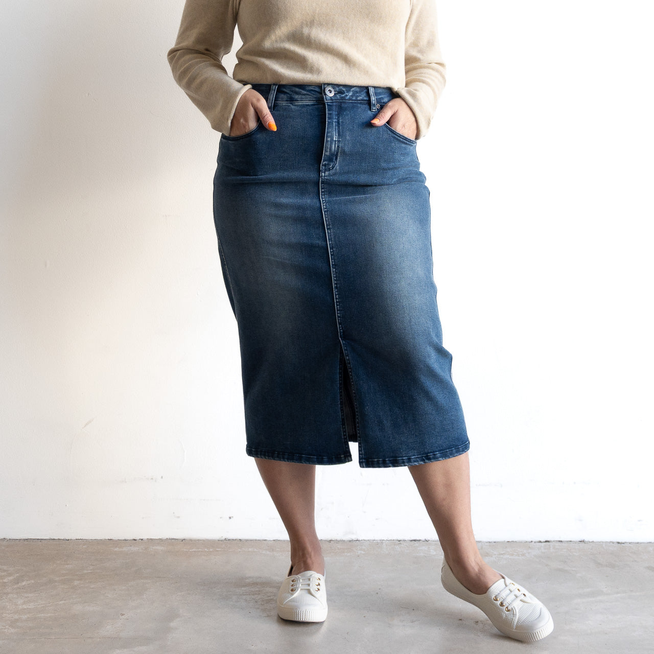 Stretch Denim Midi Skirt by Cafe Latte