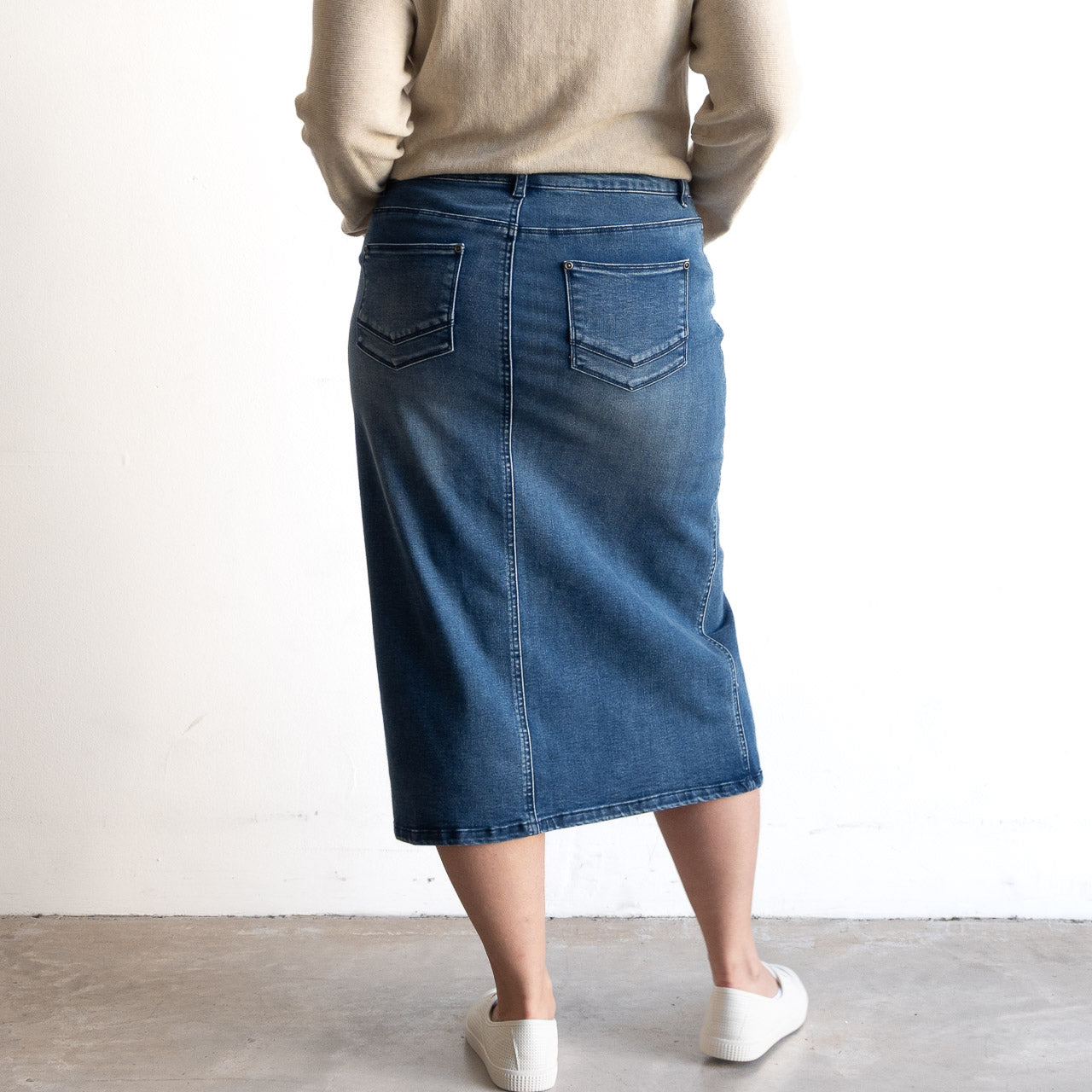 Stretch Denim Midi Skirt by Cafe Latte