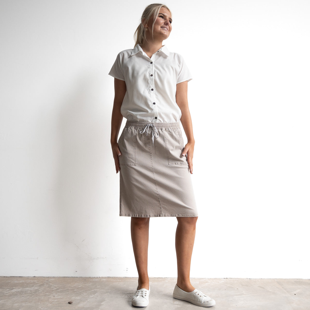 Stretch Denim Drawstring Skirt by Cafe Latte - Enzyme Wash