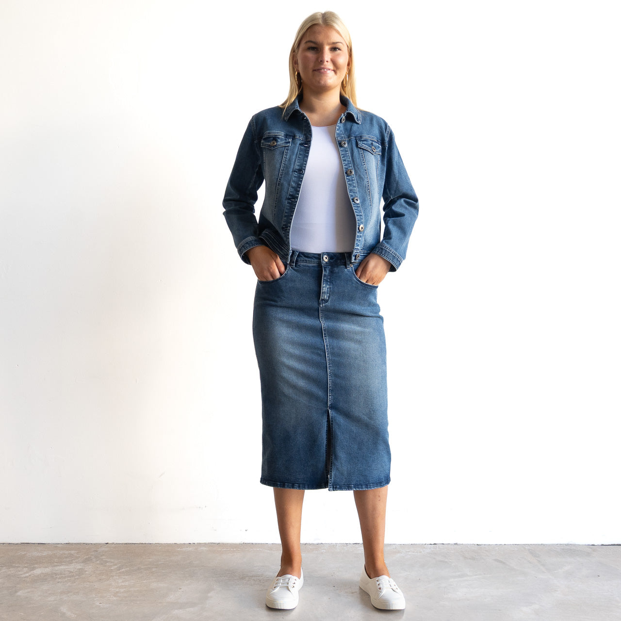 Stretch Denim Midi Skirt by Cafe Latte