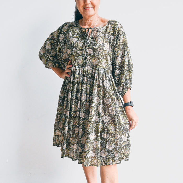 Sunny Afternoon Cotton Dress - Olive Floral - One Summer