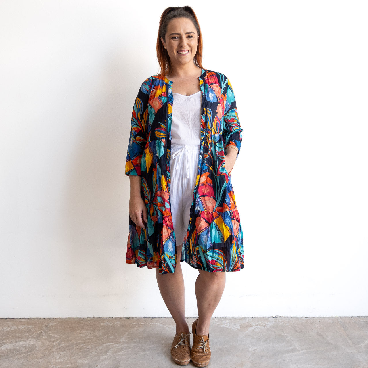 Tiered Button-Through Shirt Dress - Tropical Midnight Blue