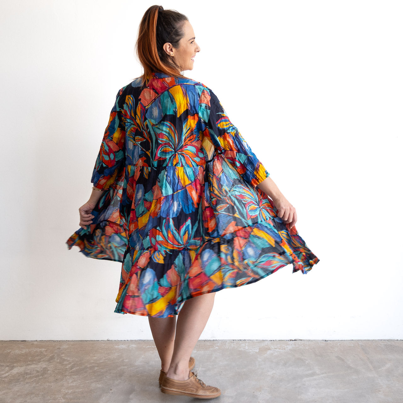 Tiered Button-Through Shirt Dress - Tropical Midnight Blue