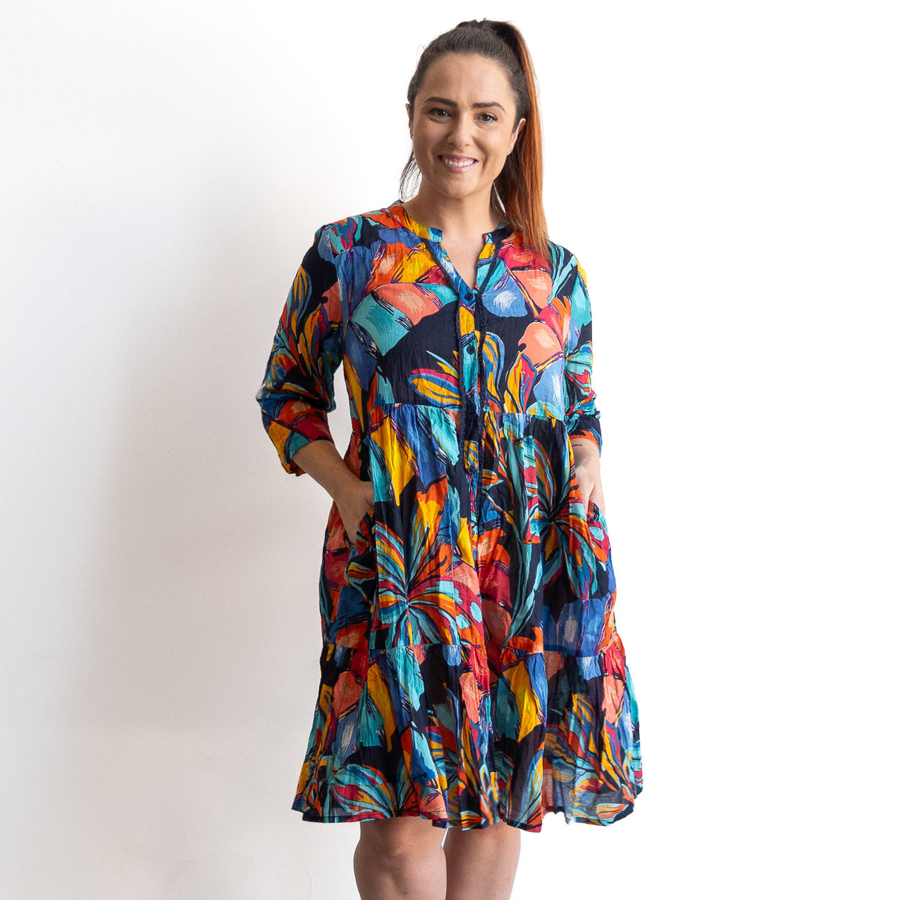 Tiered Button-Through Shirt Dress - Tropical Midnight Blue