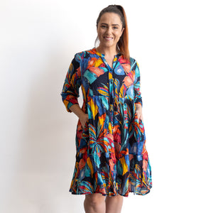 Tiered Button-Through Shirt Dress - Tropical Midnight Blue