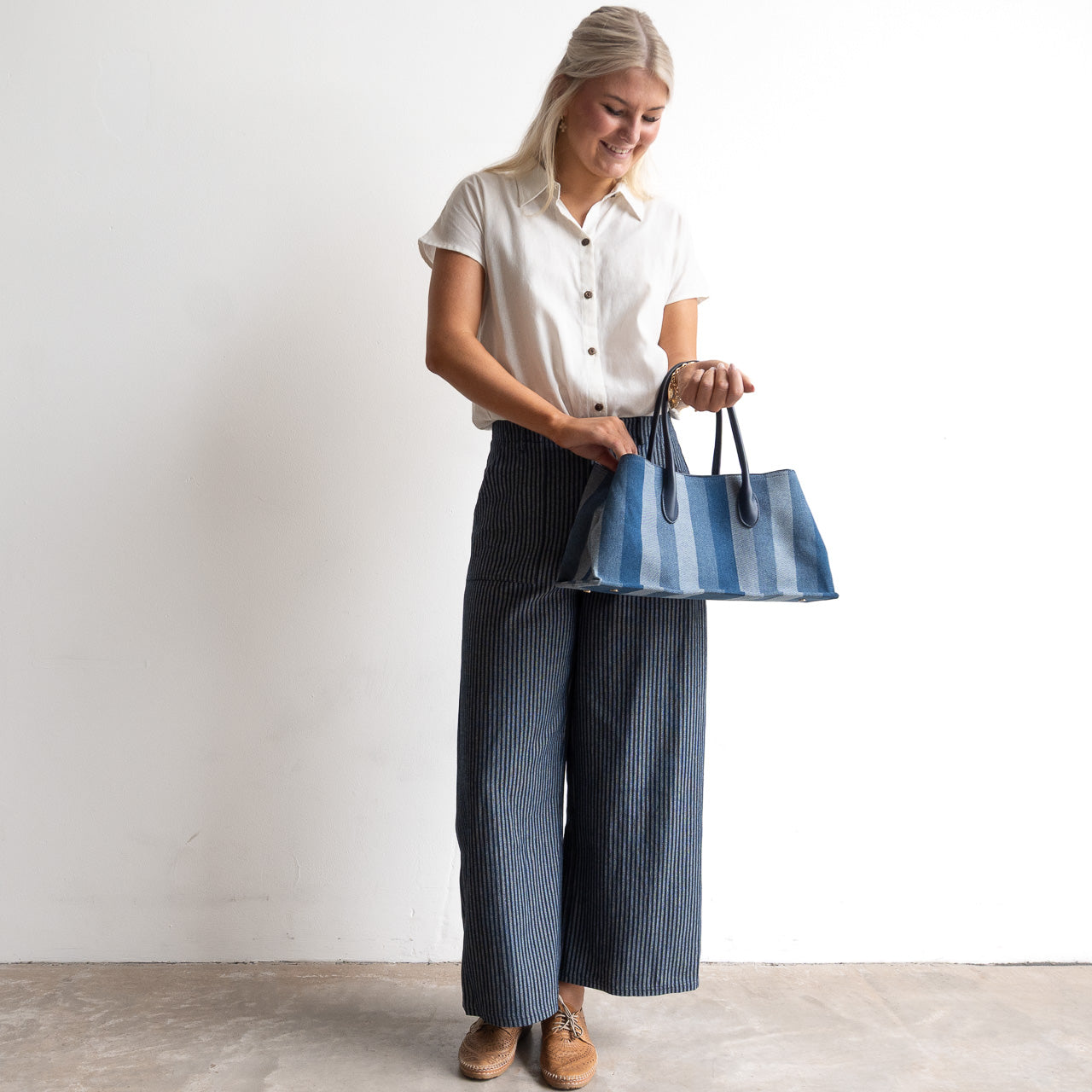 Denim Stripe Canvas Structured Handbag