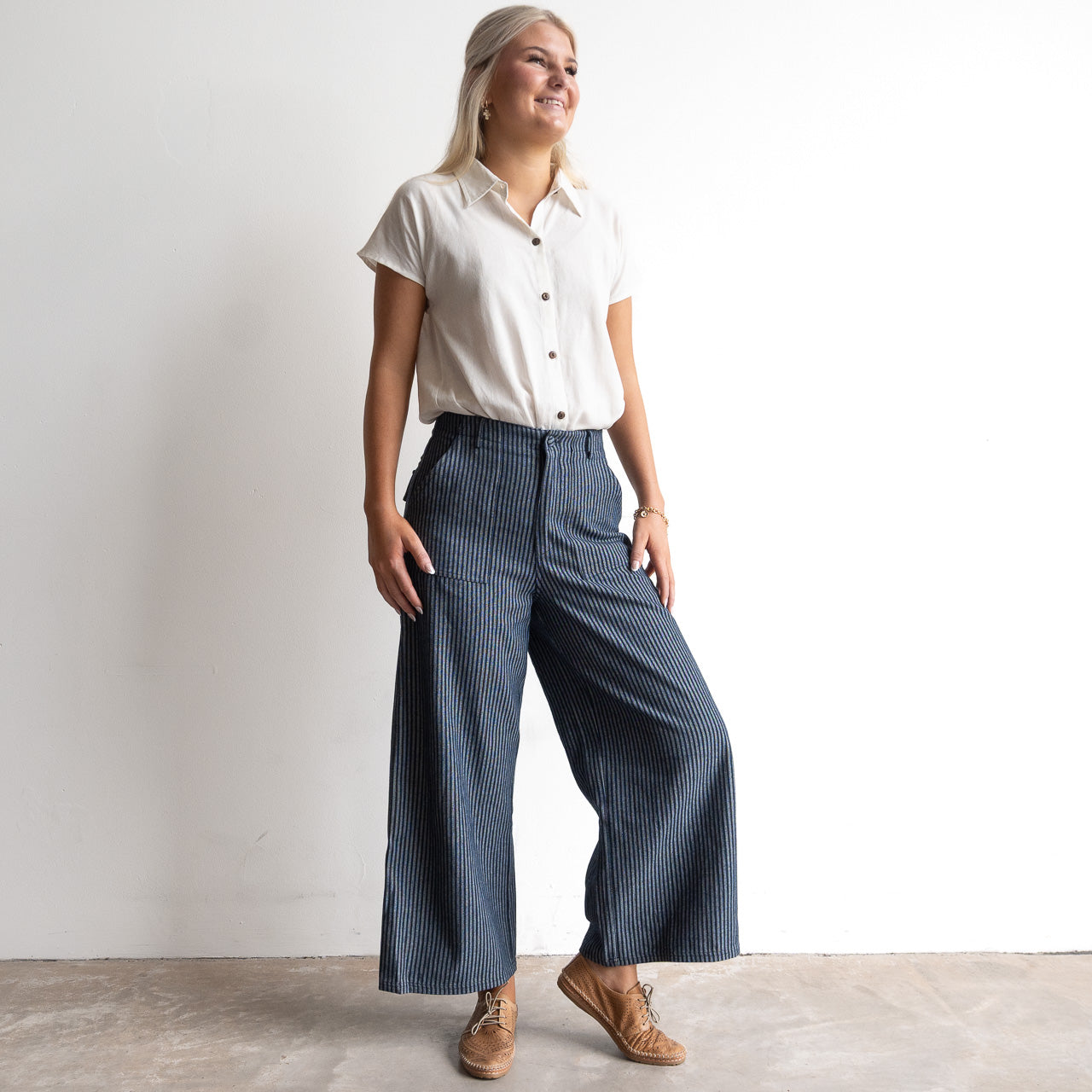 Wide Leg Tailored Pant - Denim Stripe