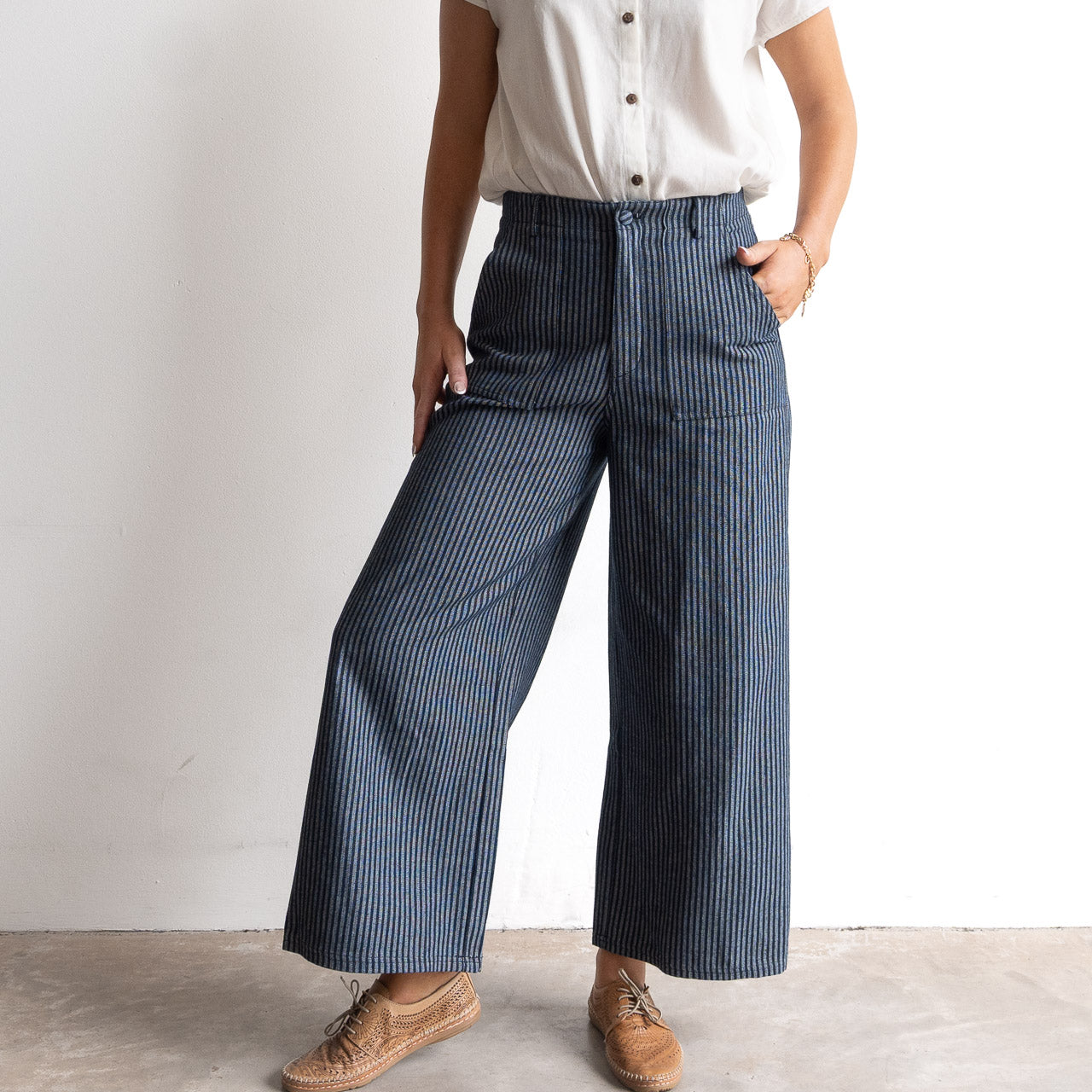 Wide Leg Tailored Pant - Denim Stripe