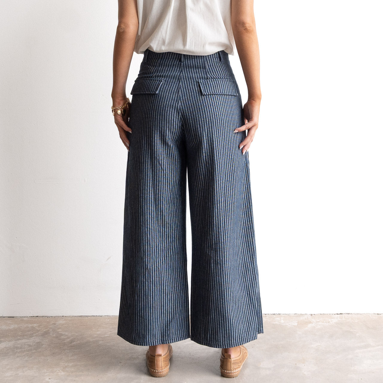 Wide Leg Tailored Pant - Denim Stripe