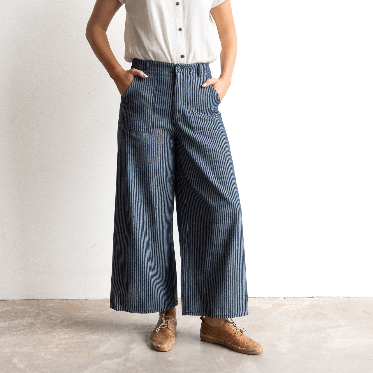 Wide Leg Tailored Pant - Denim Stripe