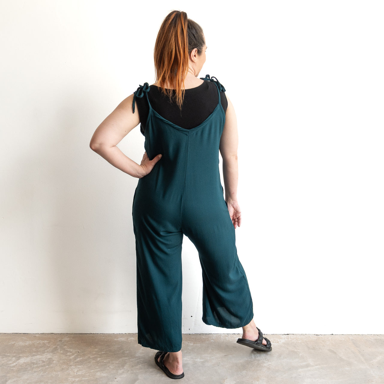 Tie shoulder adjustable summer jumpsuit in relaxed fit, peacock green colour