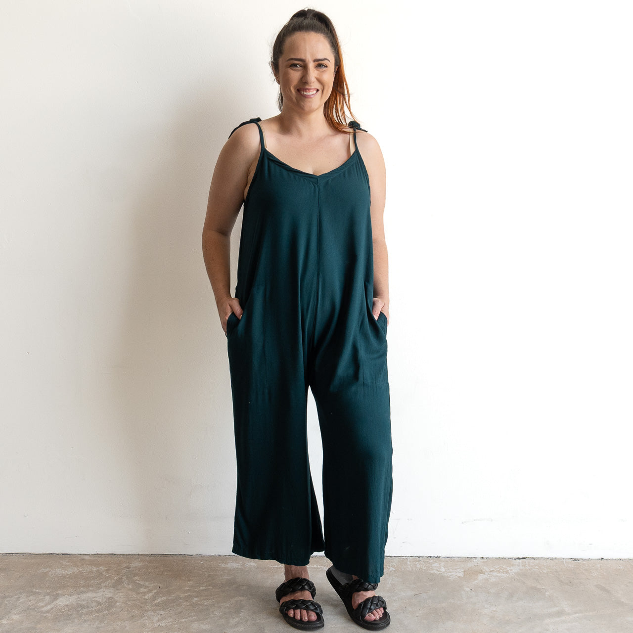 Tie shoulder adjustable summer jumpsuit in relaxed fit, peacock green colour
