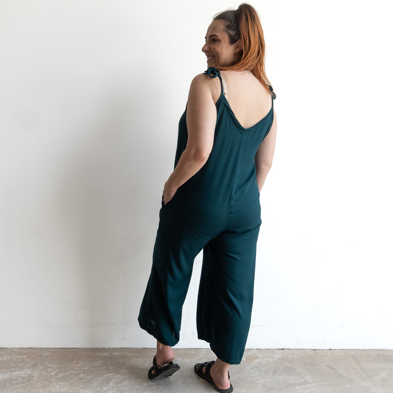 Tie shoulder adjustable summer jumpsuit in relaxed fit, peacock green colour