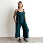 Tie shoulder adjustable summer jumpsuit in relaxed fit, peacock green colour