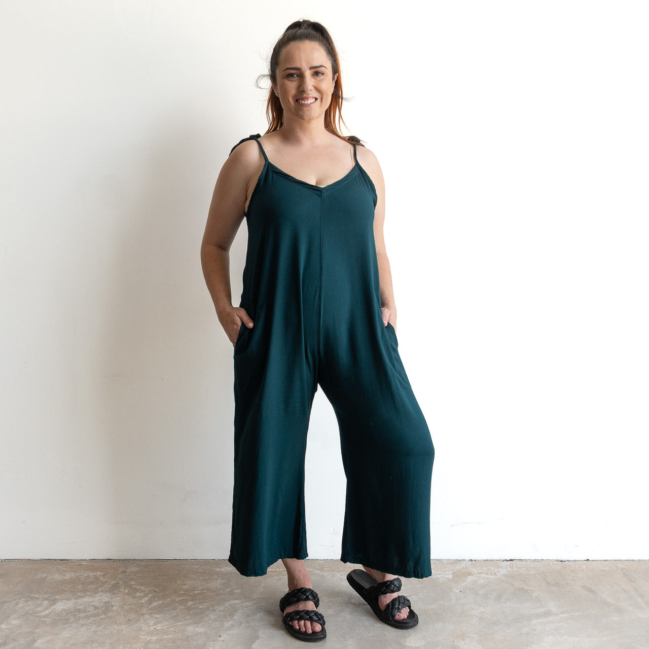 Tie shoulder adjustable summer jumpsuit in relaxed fit, peacock green colour