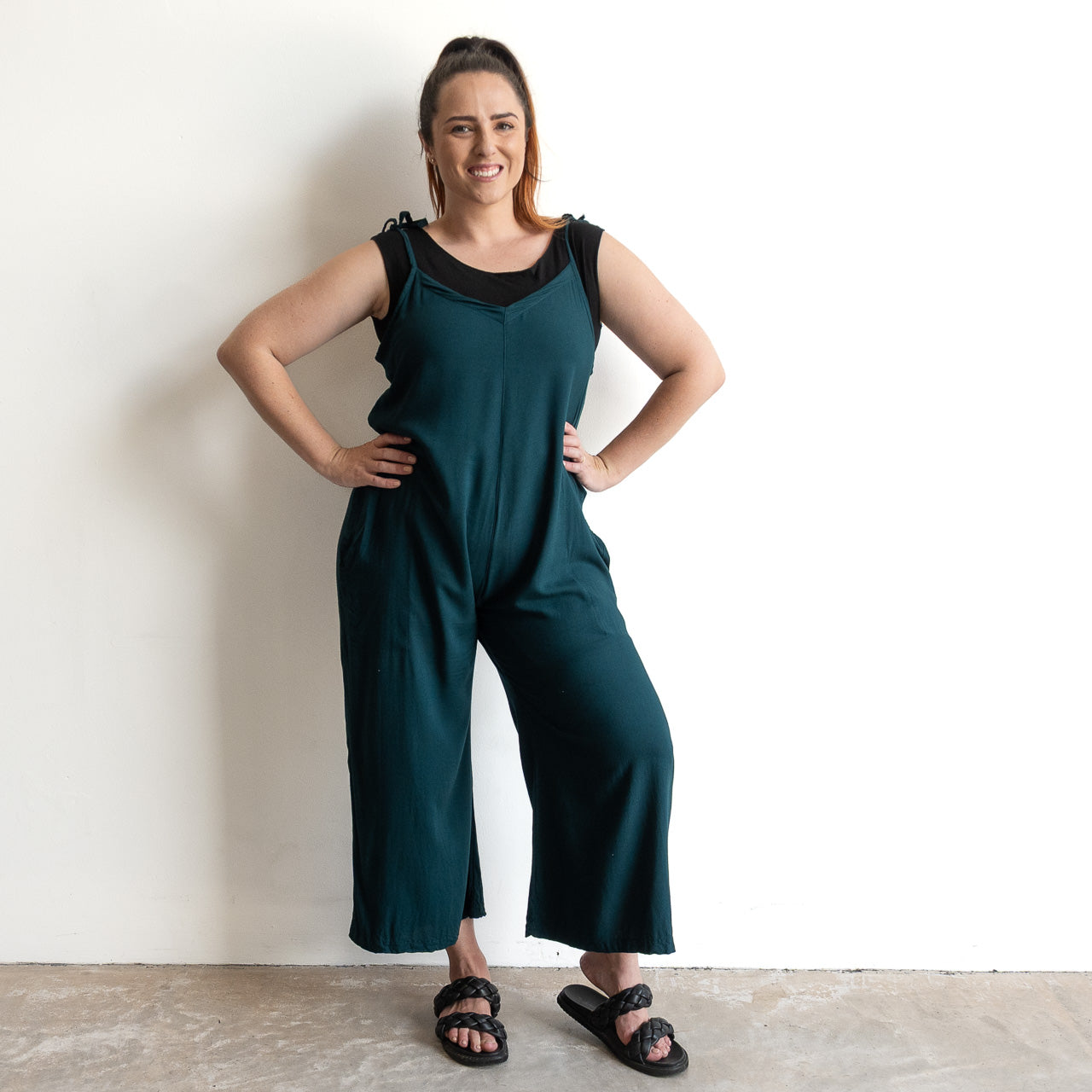 Tie shoulder adjustable summer jumpsuit in relaxed fit, peacock green colour