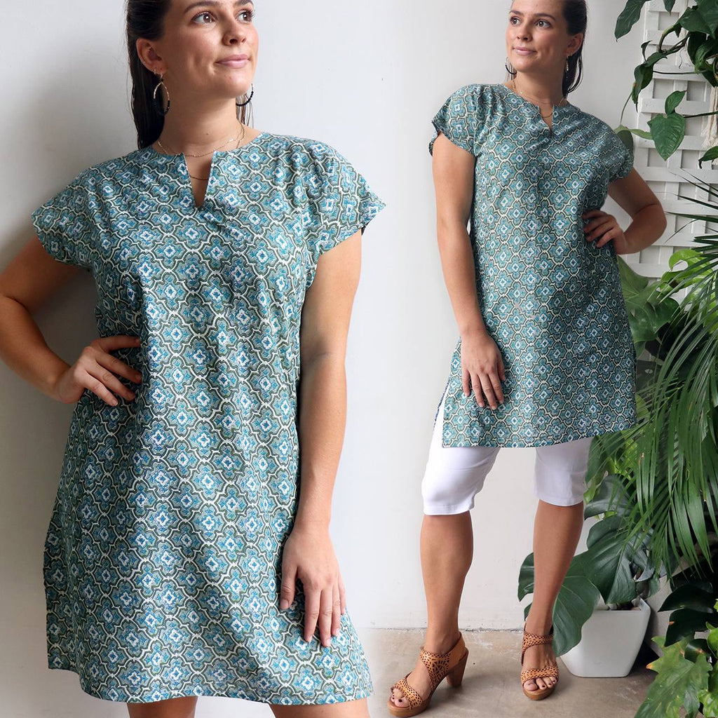 Womens Sari Tunic hand cut + sewn from 100% cotton. Versatile short sleeved summer dress or long top available in sizes S-XXL.