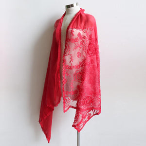 A Fine Romance Scarf a wonderfully over-sized lace net scarf. A fabulous soft vintage-inspired accessory. 190cm Length + 88cm Width. Red.
