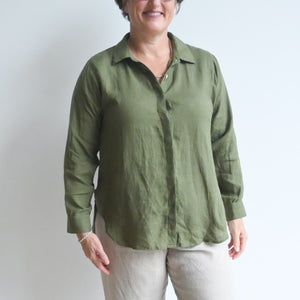All Seasons Classic Linen Shirt Blouse - OliveGreen24-FitsBustupto140cm KOBOMO