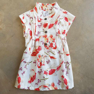 Annie Cotton Shirt Dress for Girls - Japanese Koi / White 