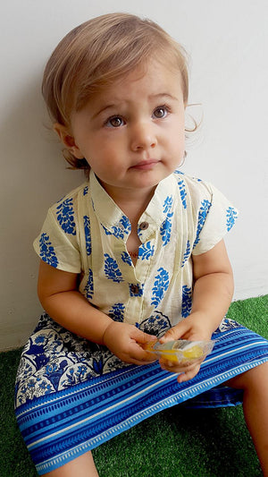 Stunning little girls 100% cotton summer shirt dress with short sleeve, mandarin collar + side ties. Blue + lemon. 