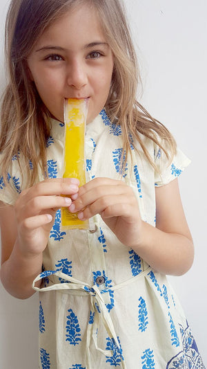Stunning little girls 100% cotton summer shirt dress with short sleeve, mandarin collar + side ties. Blue + lemon. 