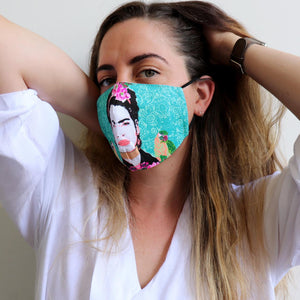 Printed Cotton Washable Face Mask - Frida Kahlo BlueKOBOMO Facemasks