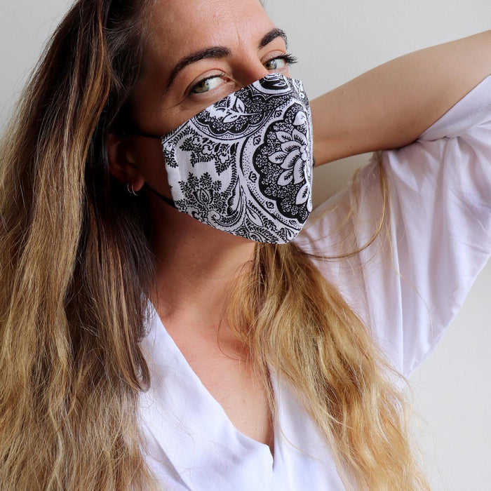Printed Cotton Washable Face Mask - Paisley Black and White