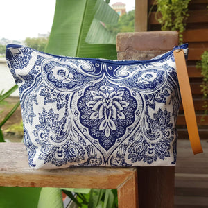 Anything Goes Clutch Bag zippered purse great for cosmetics, with a washable lining. Paisley Indigo.
