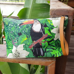 Anything Goes Clutch Bag zippered purse great for cosmetics, with a washable lining. Toucan.