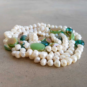 Atlantis Long Baroque Pearl Opera Necklace clear + coloured beads. Green.
