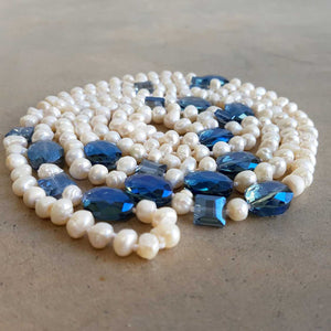 Atlantis Long Baroque Pearl Opera Necklace clear + coloured beads. Marine Blue.