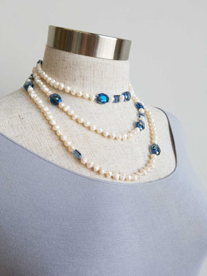 Atlantis Long Baroque Pearl Opera Necklace clear + coloured beads. Marine Blue.