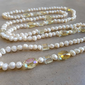 Atlantis Long Baroque Pearl Opera Necklace clear + coloured beads. Lemon.