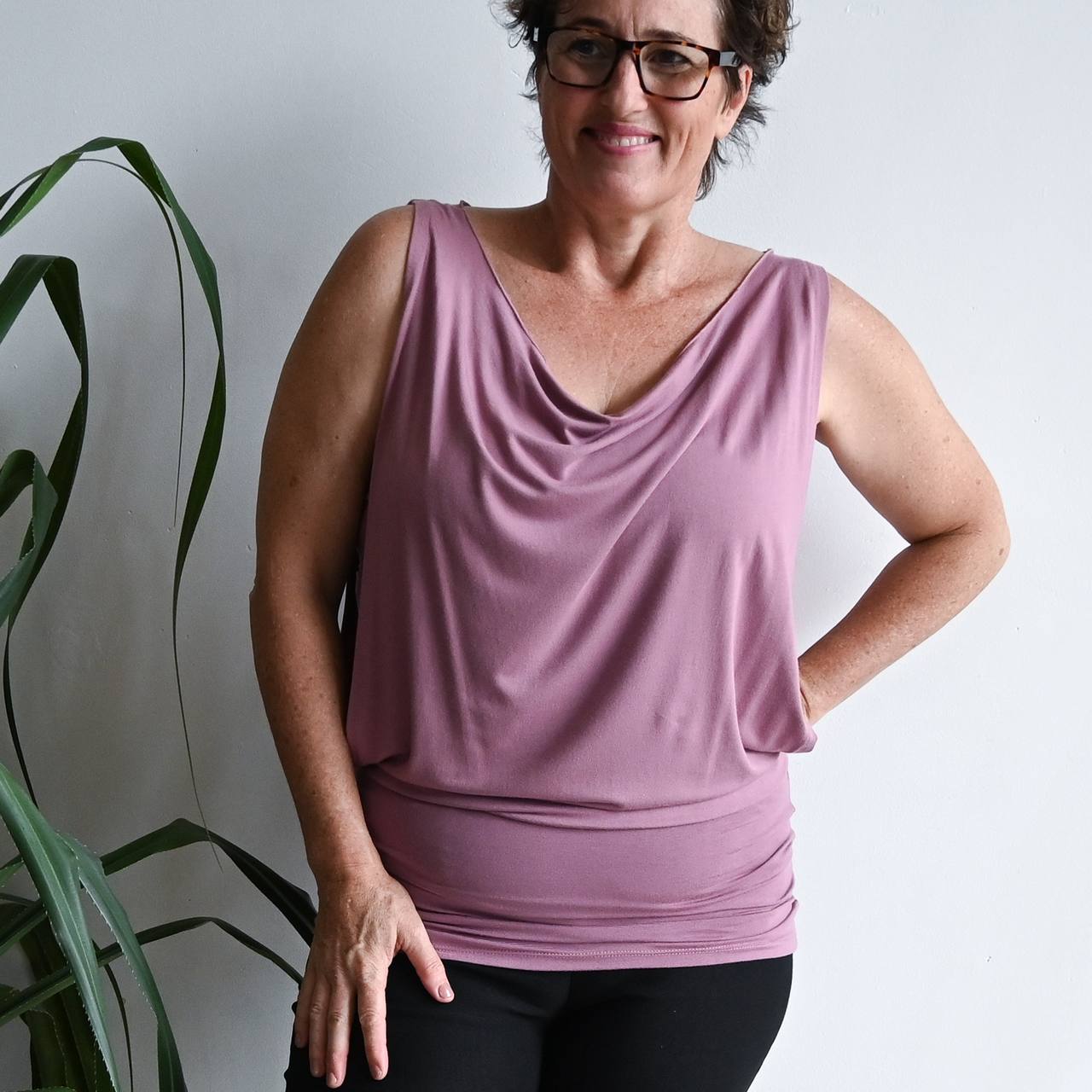 Double layer lux bamboo sleeveless cowl neck dress / top. Tube underlay + loose overlay with cowl neck feature. Easy fit Summer dress / top available in petite > plus size!  Heather Pink.