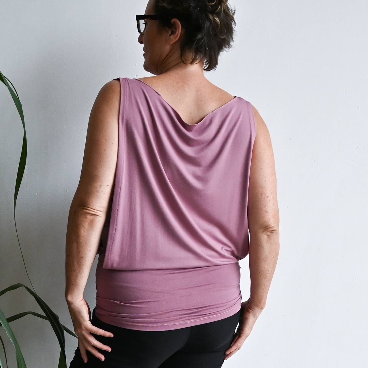 Double layer lux bamboo sleeveless cowl neck dress / top. Tube underlay + loose overlay with cowl neck feature. Easy fit Summer dress / top available in petite > plus size!  Heather Pink.