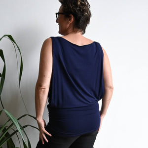 Double layer lux bamboo sleeveless cowl neck dress / top. Tube underlay + loose overlay with cowl neck feature. Easy fit Summer dress / top available in petite > plus size!  Navy Blue.