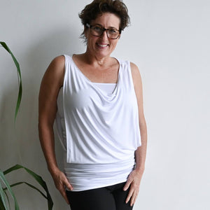 Double layer lux bamboo sleeveless cowl neck dress / top. Tube underlay + loose overlay with cowl neck feature. Easy fit Summer dress / top available in petite > plus size! White
