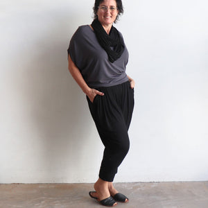 Bamboo Lounge Pant by KOBOMO is a plus-size, pull-on stretch jodhpur style with pockets. Side view.