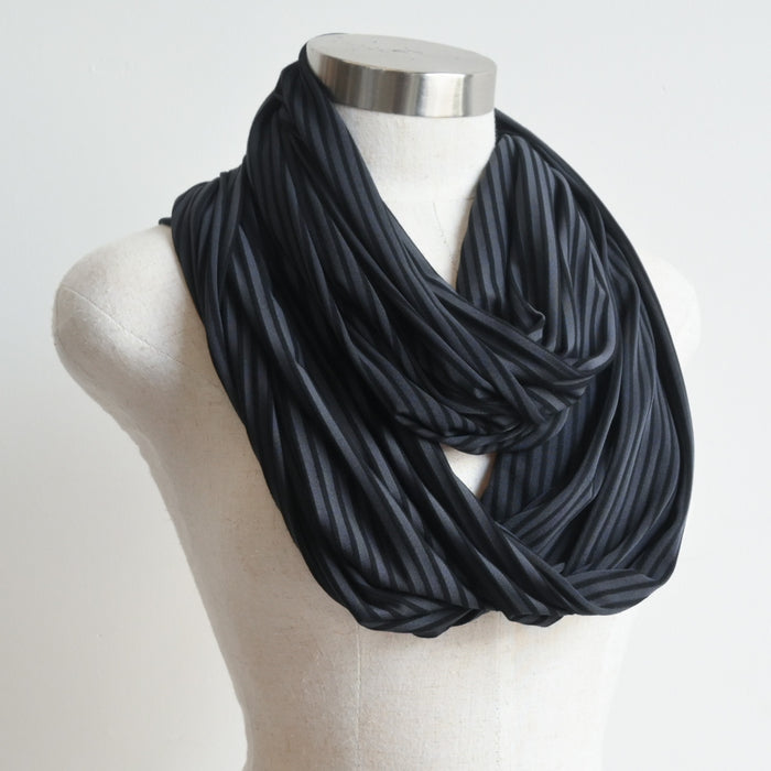 Infinity Scarf Snood in Bamboo - Charcoal and Black Stripe