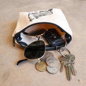 Cotton canvas printed zipper bag. Perfect for keys, sunglasses or loose change.