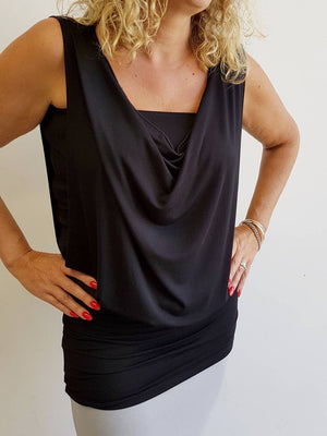 Double layer lux bamboo sleeveless cowl neck dress / top. Tube underlay + loose overlay with cowl neck feature. Easy fit Summer dress / top available in petite > plus size! Black